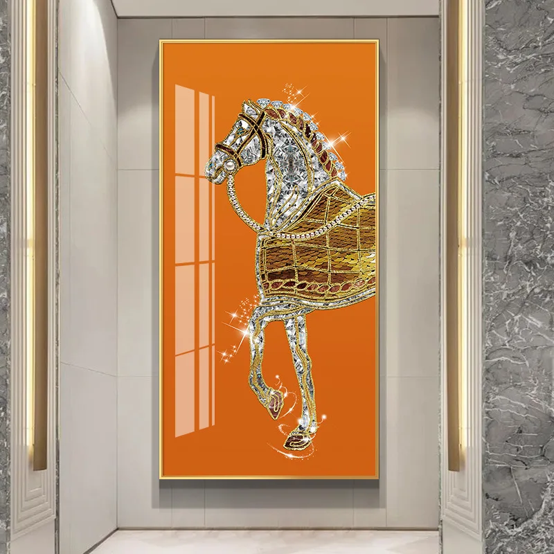 Modern Home Decor Luxury Crystal Porcelain Diamond Animal Horse artwork Wall Decoration High Quality Picture Wall Hanging
