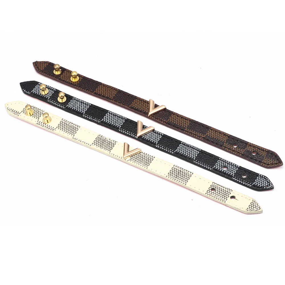 High Quality Luxury Branded Brown Golden V Bangle Bracelet Pu Leather Essential V Monogram Bracelet V Slim Bracelet