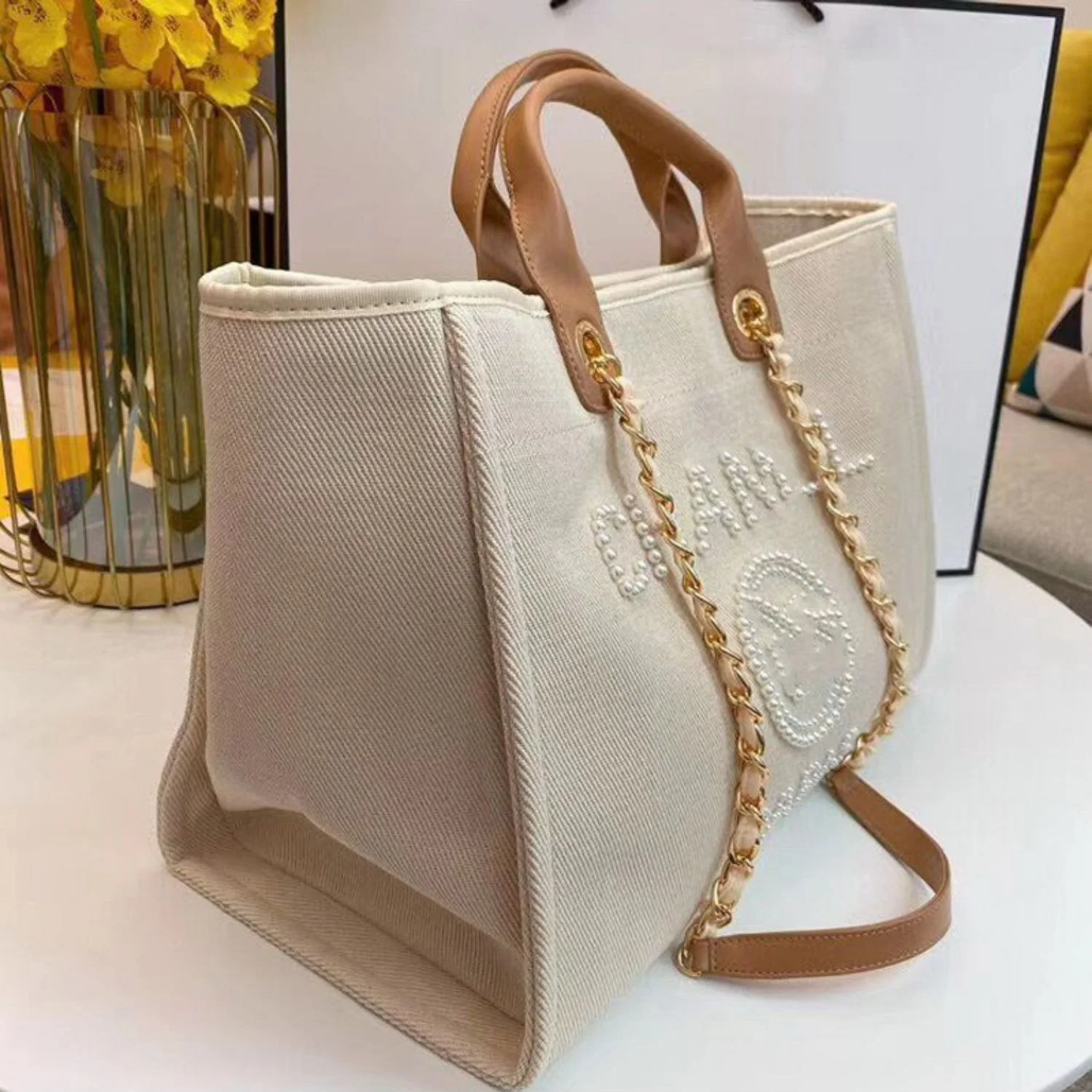 Luxury Designer Letter Embroidery Canvas Shoulder Bag Woman Ladies Jumbo Canvas Tote Bags Leather Handle with Chain