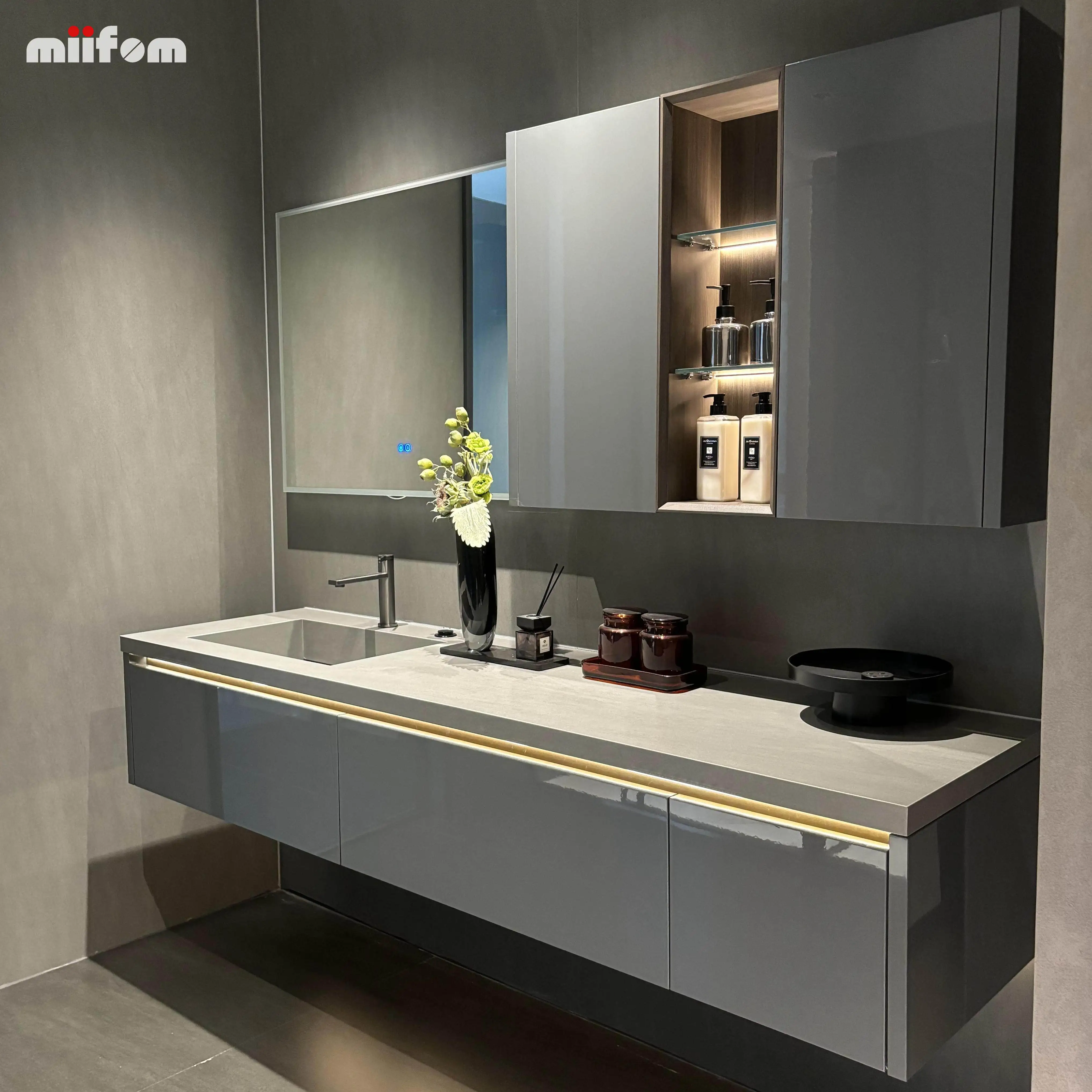 grey high glossy lacquer countertop and basin integrated one type bathroom cabinet with smart mirror