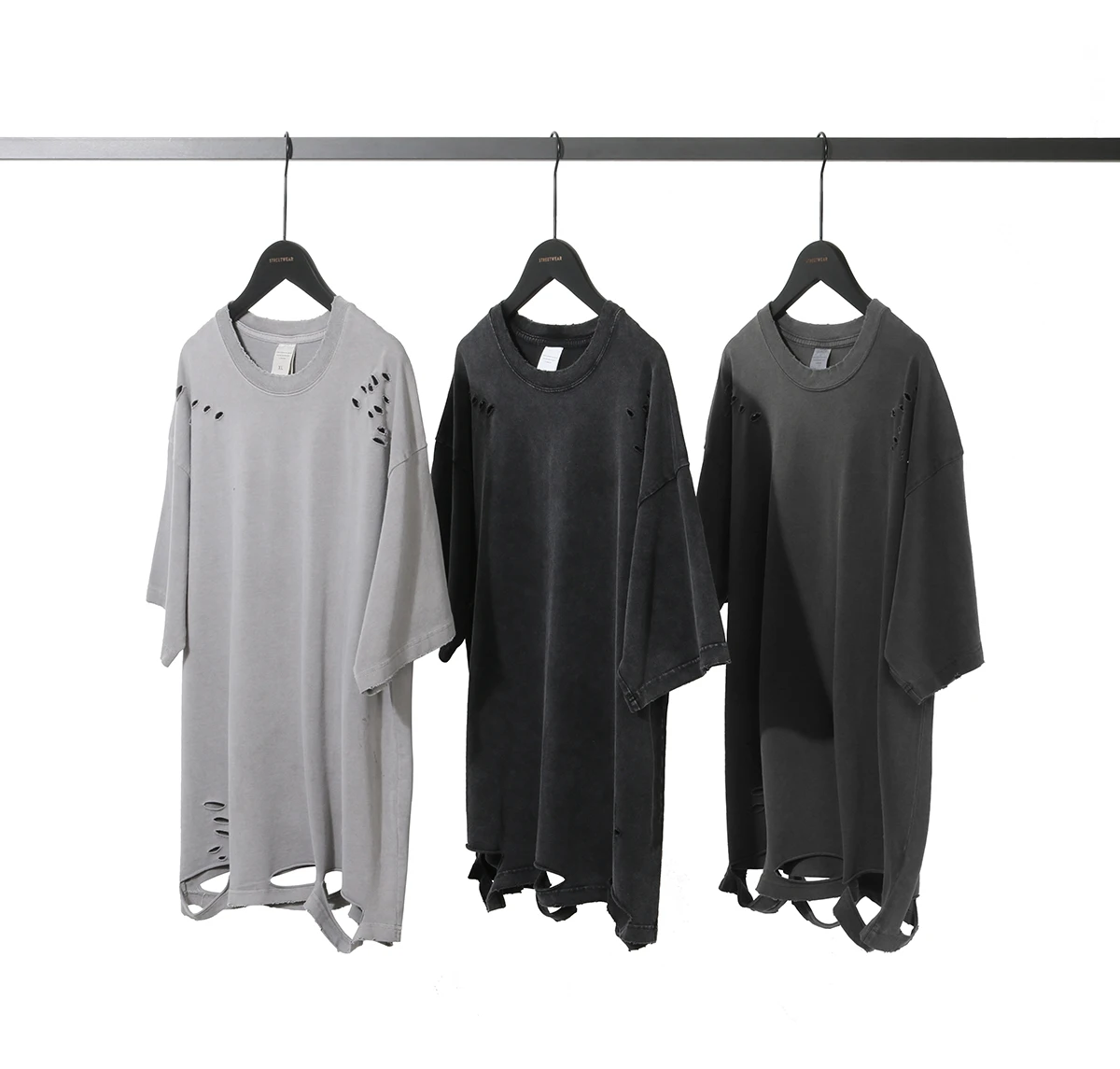 Mens heavy cotton 230gsm blank holes cut vintage tee shirt oversized acid wash distressed t shirts