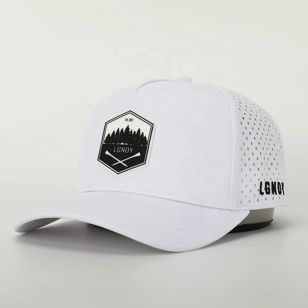 BSCI Oem Factory Custom Rubber Patch Logo Polyester 5 Panel Dad Hat High Quality Sport Gorras Laser Cut Hole White Baseball Cap