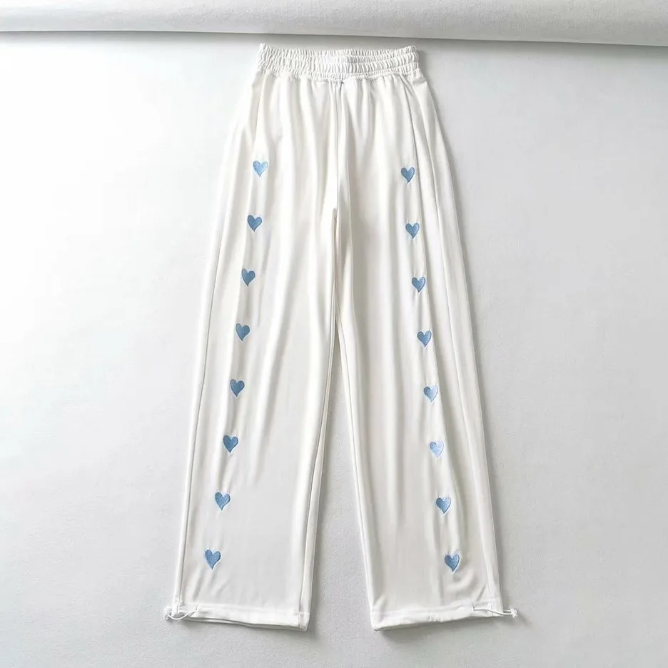Women Sports Sweatpants High Waist Heart Embroidery Drawstring Straight Trousers Fashion Casual Women Wide Leg Pants