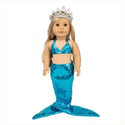 Hot Selling Fashion Sequined Mermaid Swimsuit Crown Bikini 18 In American Reborn Baby Dolls Clothes Miniature Doll Accessories