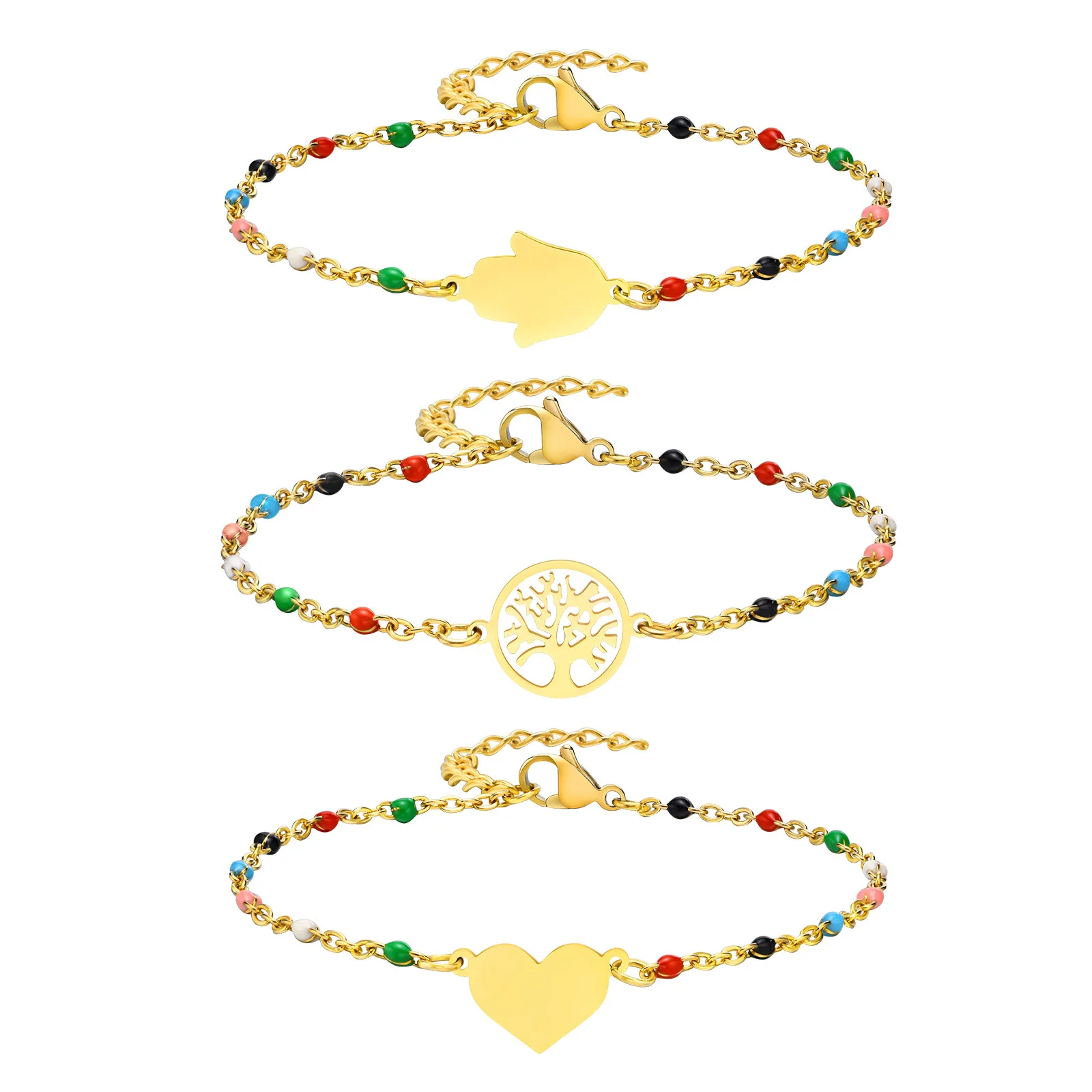 New Stainless Steel Flat Cross Chain Ornaments beautiful Colorful Oil Drip Gold Palm Tree of Life Heart Bracelet Gifts for Women