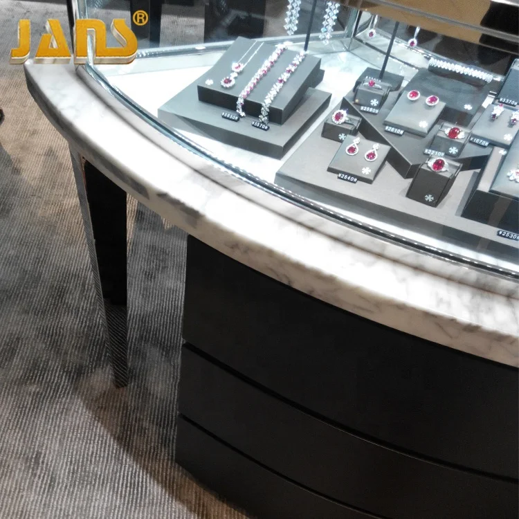 
Luxury high-grade marble curved glass jewelry display cabinet showcase with LED light 