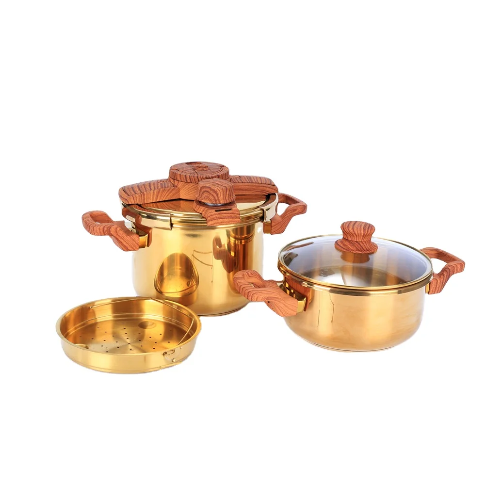 Golden stainless steel pressure cooker, steam grid, glass cover 5L+7L/4L+6L , multi-gear adjustment,60-100KPA
