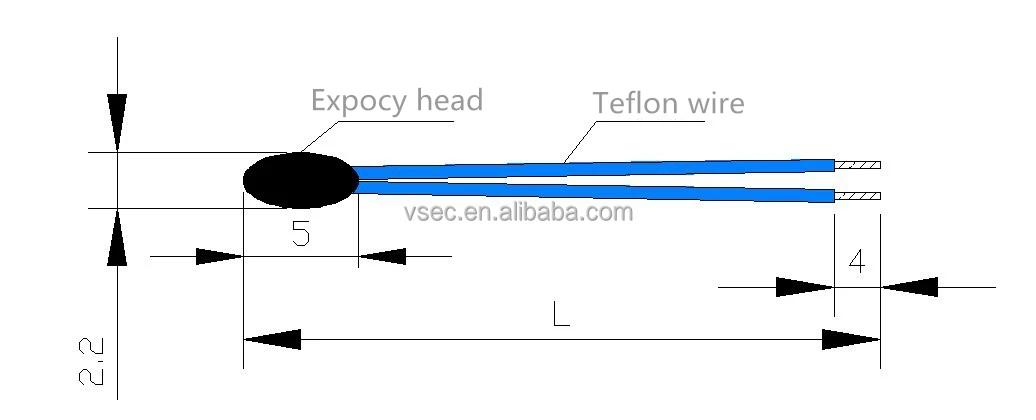 100k 4250 Epoxy Head Teflon Wire 70mm MF52 High Temperature Resistance NTC Thermistor