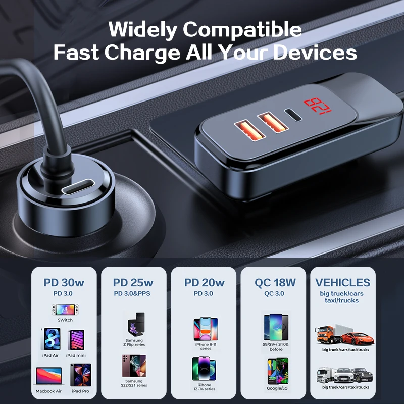 Multi USB Port PD 3.0 120W Car Charger Extension Cord 1.5M Cable For iPhone Rear Back Seat Clip Vehicle Quick 30W Car Adapter