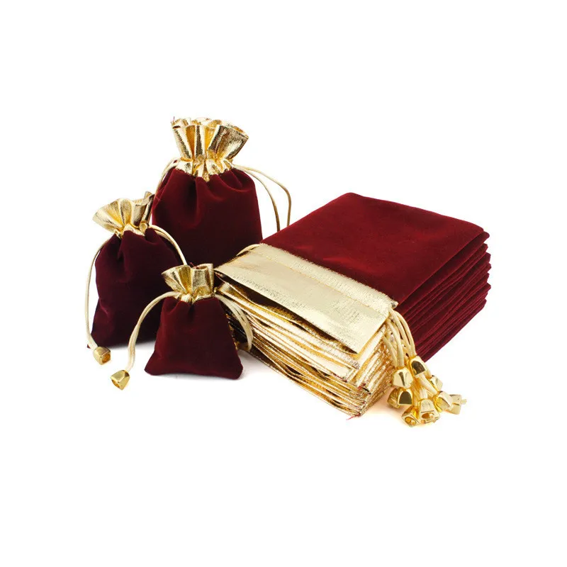 12x16cm Velvet Drawstring Gifts Bags Wedding Christmas Party Favors Packaging Bag Golden Wine Red Jewelry Pouches