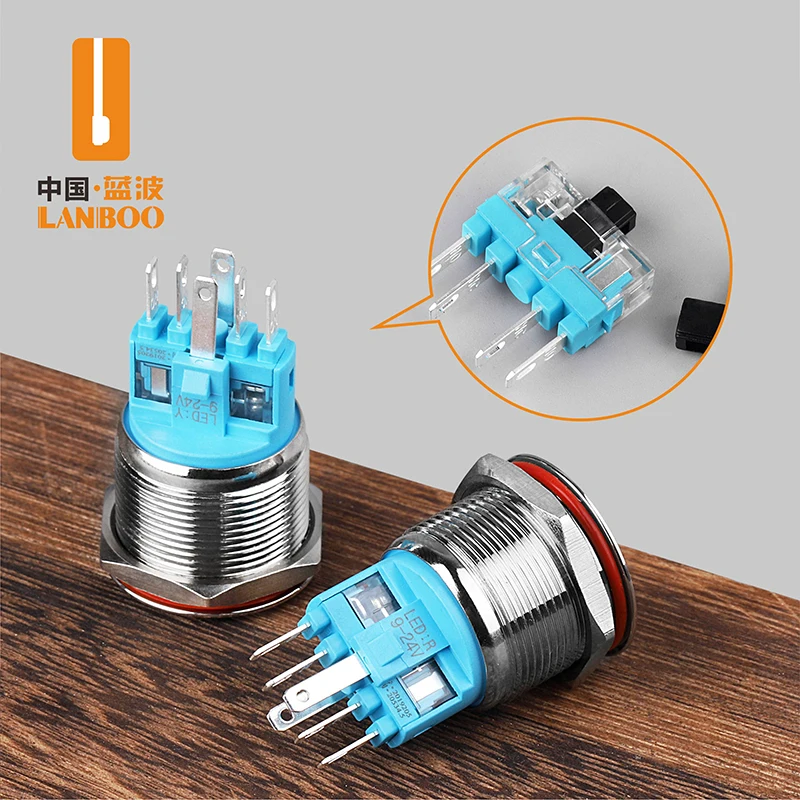 Сильноточный экономичный металлический кнопочный переключатель LANBOO, 22/25 мм, 7A, водонепроницаемый фиксатор/Мгновенный Переключатель на выбор с L