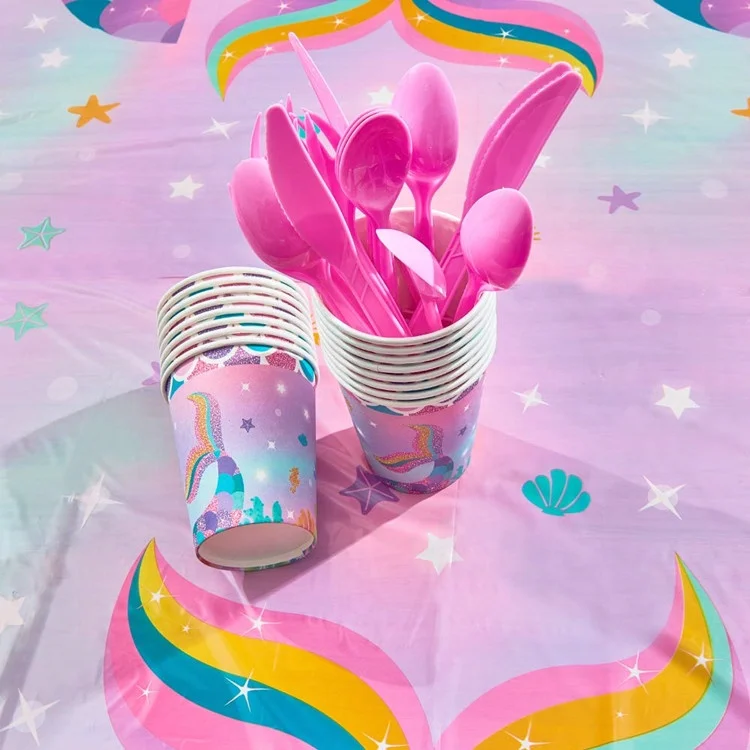 Бумажный летний бассейн Umiss, товары для дня рождения для девочек, чашка для блюд, флаг русалки, украшения для вечеринки