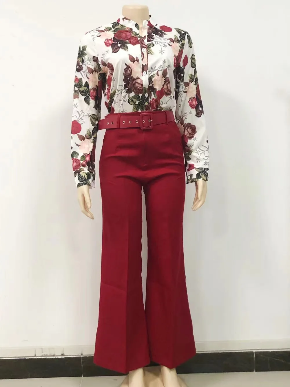 2022 Women 2 Piece Set Shirt + Wide Leg Pants With Belt Office Lady Printed Long Sleeve Stand Collar Tops Casual Suits