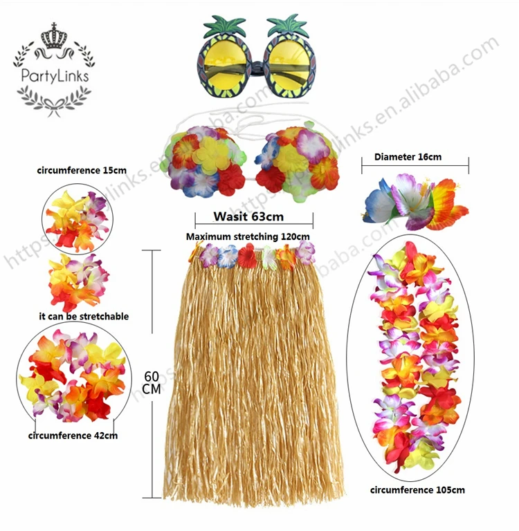 1set Plastic Fibers girls Woman Hawaiian Favors Grass Skirt Cheap costume Flower Hula Skirt 60cm dance dress Party Hawaii Beach