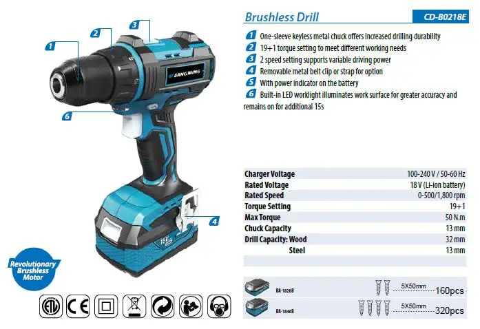 18V Li-ion/lithium battery Cordless Brushless concrete metal Drill combo kit model CD-B0218E-2T