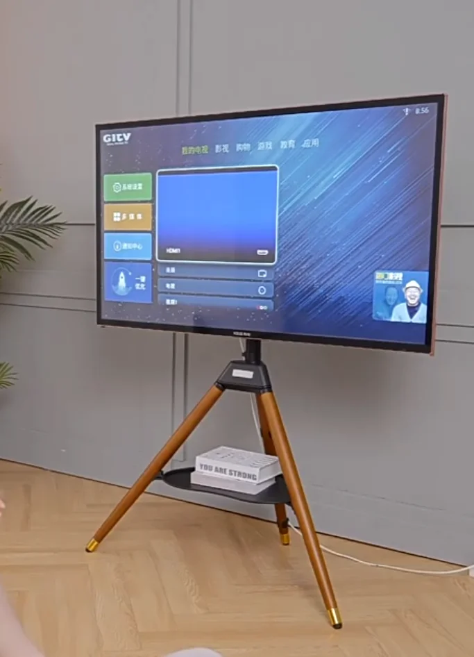 32inch-75inch Latest Design Luxury Artistic Easel Studio Wood TV Floor Tripod Stand With 3 Legs and A Heart DVD/AV Metal Tray