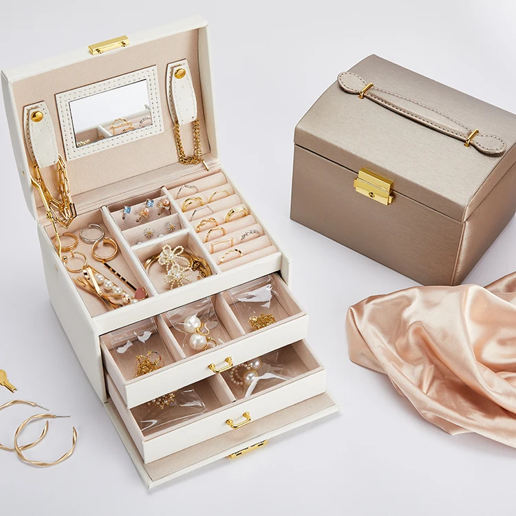 Customized White Brown 3 Layers Pu Leather Travel Jewelry Boxes Ring Earrings Bracelet Necklace Jewellery Storage Organizer