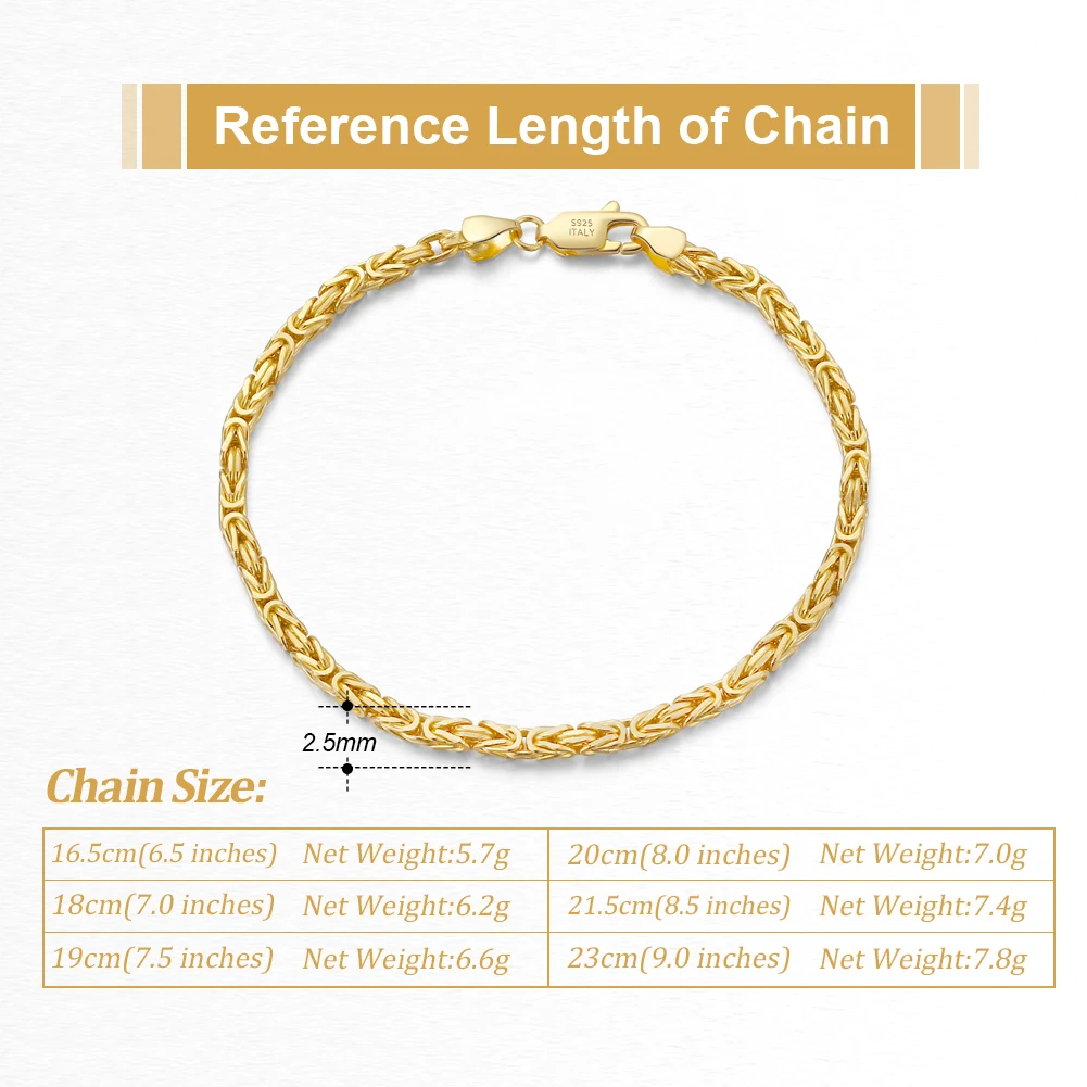 RINNTIN SB122 Handmade Italian 925 Sterling Silver 18K Gold 2.5mm Flat Byzantine Link Chain Bracelet for Women Men