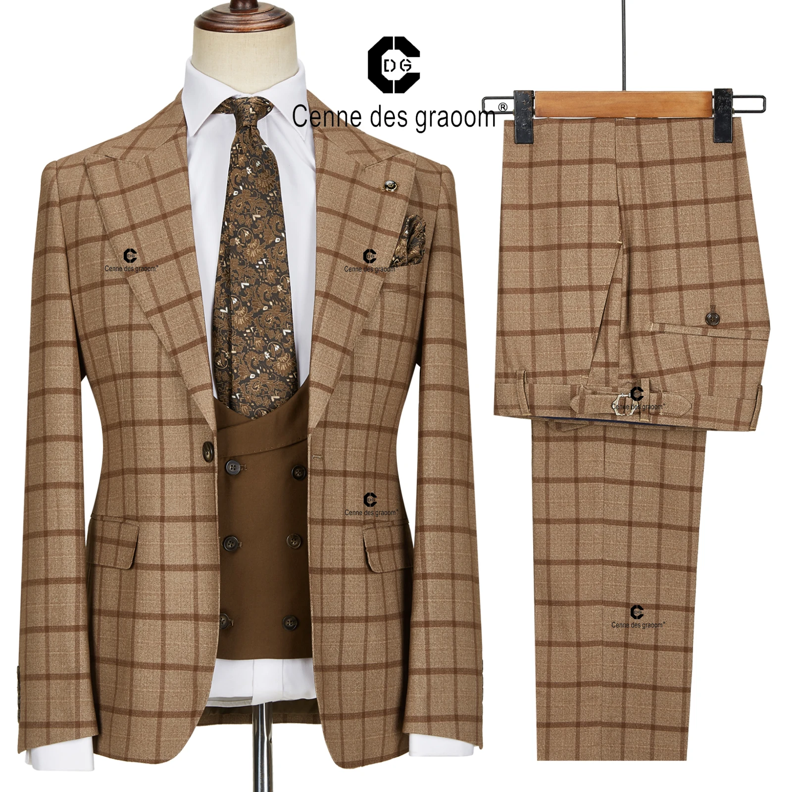 Cenne Des Graoom (Jackets+Vest+Pants) 2022 Men Plaid Business Blazers/Male Slim Fit Pure Cotton Three-Piece Suit/Man Plaid Groom
