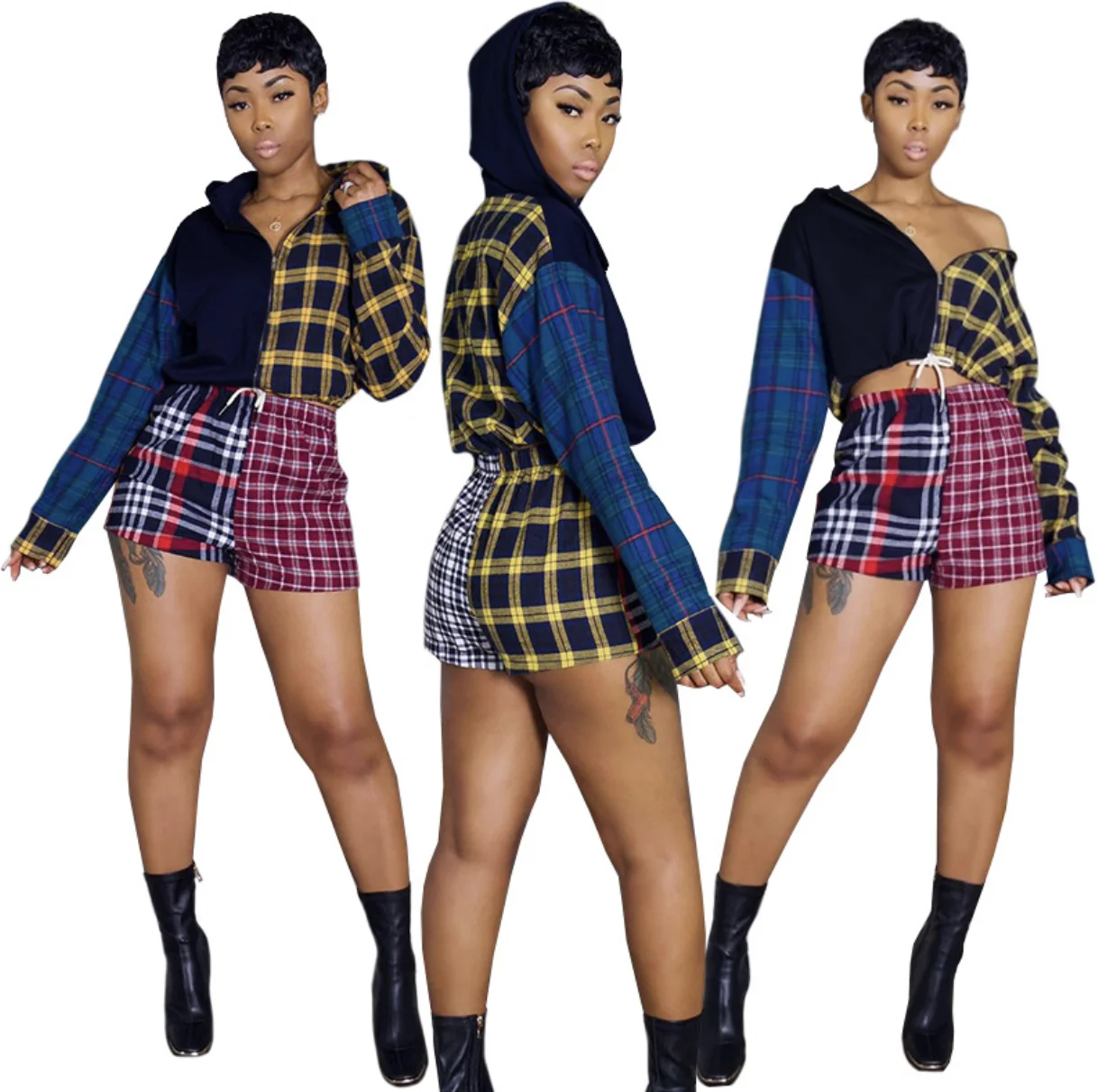 New Casual Skirt Set Womens Plaid Set Spring Patchwork Casual Women Two Piece Set