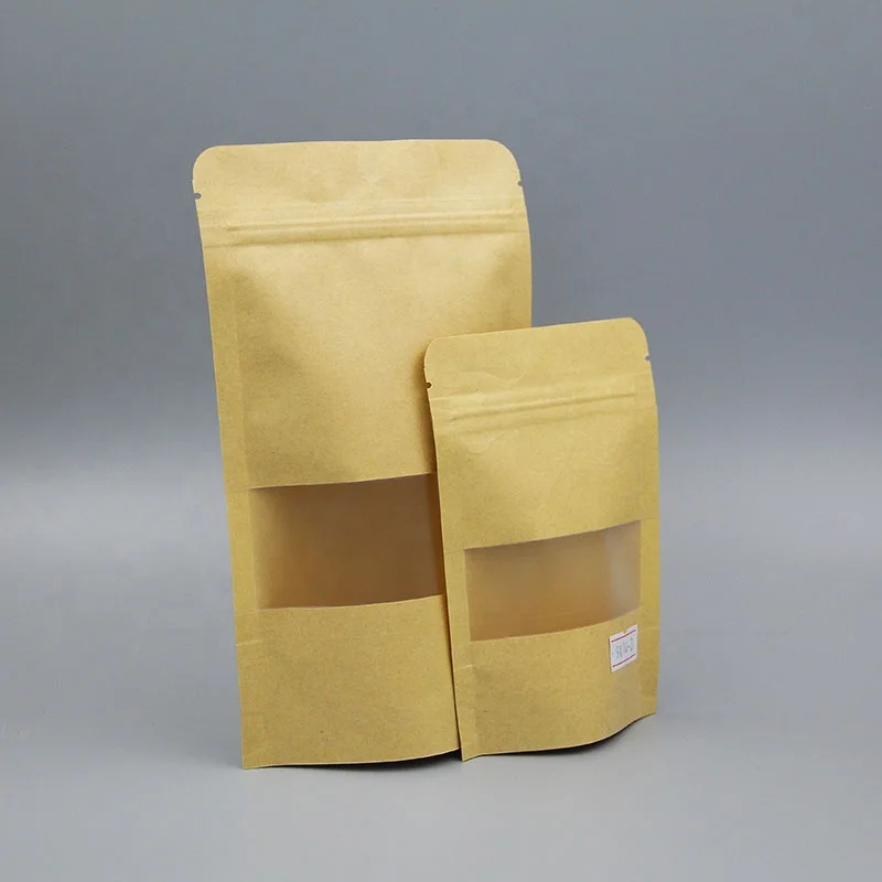 Different Size Brown Kraft Paper Zipper food coffee tea Biodegradable Stand Up Bag Pouch With Clear Window