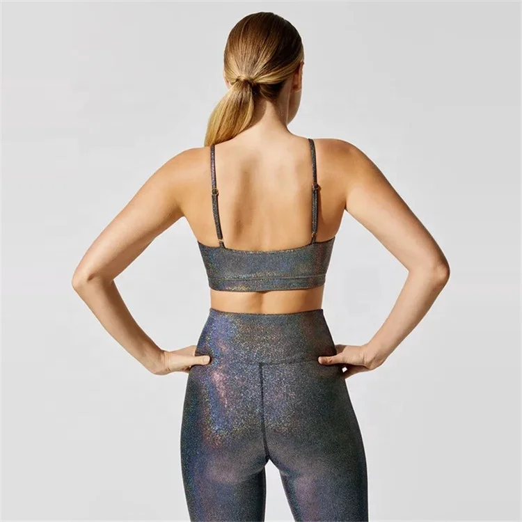 
Custom Ladies Female Wholesale Athletic Active Sports Wear Shiny High Impact Sports Bra Padded Crop Top and Legging s Set 