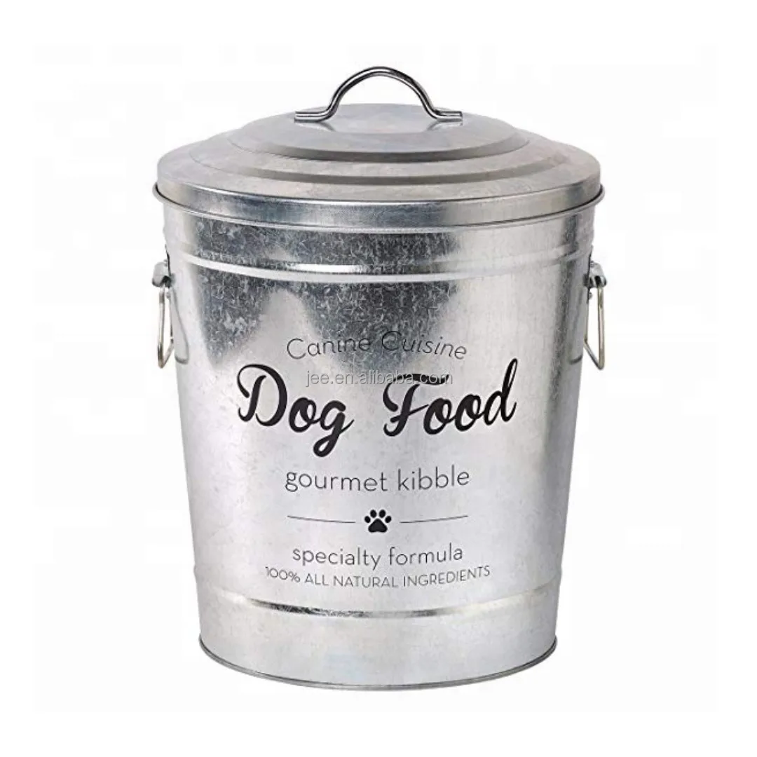 customized Galvanized Metal large capacity round Shape Pet Food Container Dog Food Storage box Pet Treat Jar With Lip