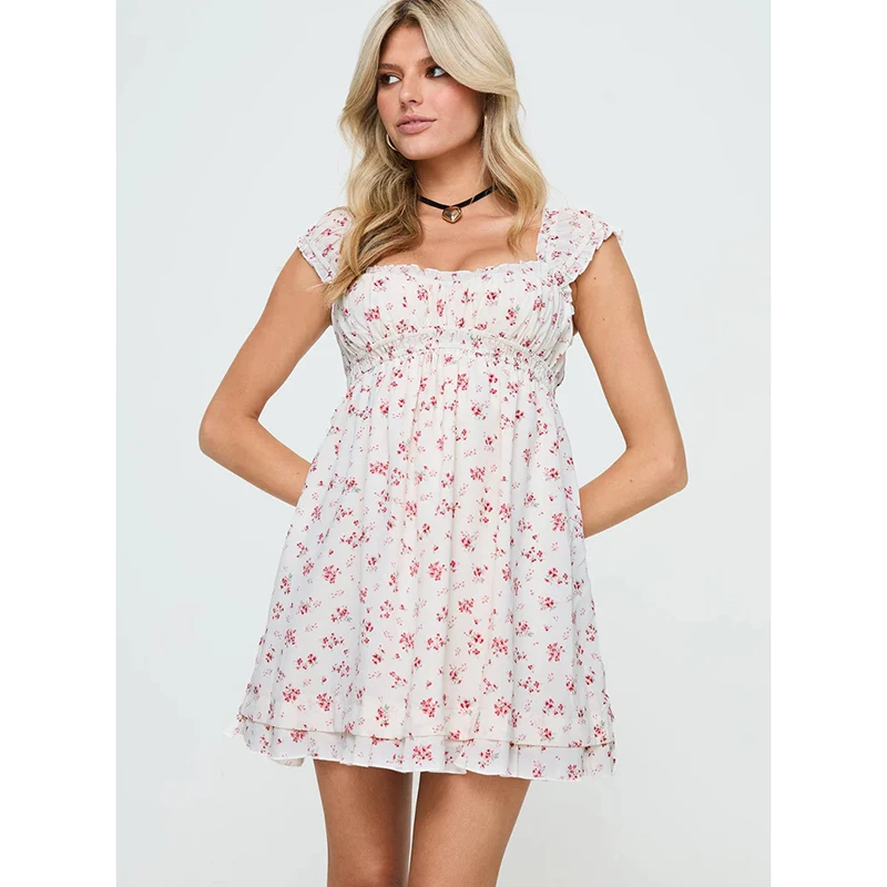 Open back Short capped sleeves new Square elasticated neckline Floral Print large hem Ruffled hemline mini dress for women