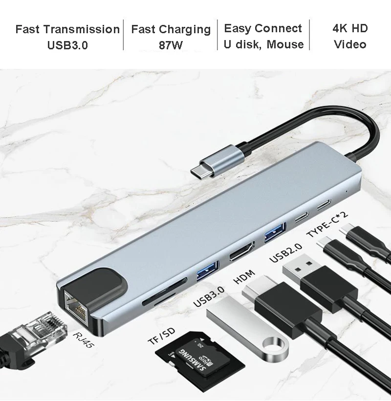 8 в 1 док-станции 4K HD Ethernet TF карты SD USB 3 0 типа C для RJ45 портов HUB macbook адаптер