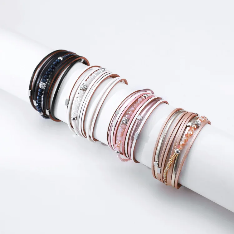 Bohemian Ethnic Style Jewelry Multi Layer Leather Wrap Bracelet Fashion Retro Exquisite Crystal Beads Wrist Bands