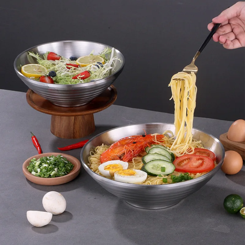 Double Layer Japanese Ramen Bowl Stainless Steel Anti-Scalding Instant Noodles Salad Food Bowls for Restaurant Kitchen Tableware