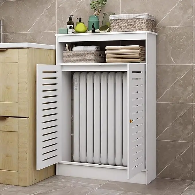 Radiator Cover Cabinet Shelf Louvered Grill Shelf Cabinet, Heating Cover Storage Organizer Cabinet with 2 Doors for bathroom