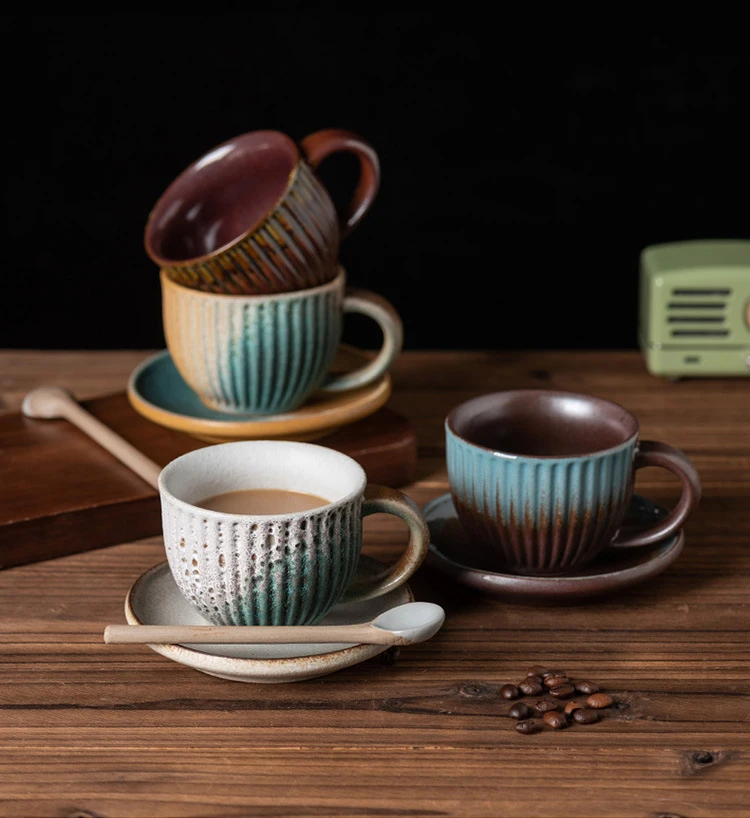 Japanese Retro Handmade Espresso Cup And Saucer Ceramic Set 220ml Striped Coffee Cup With Spoon And Saucer Set