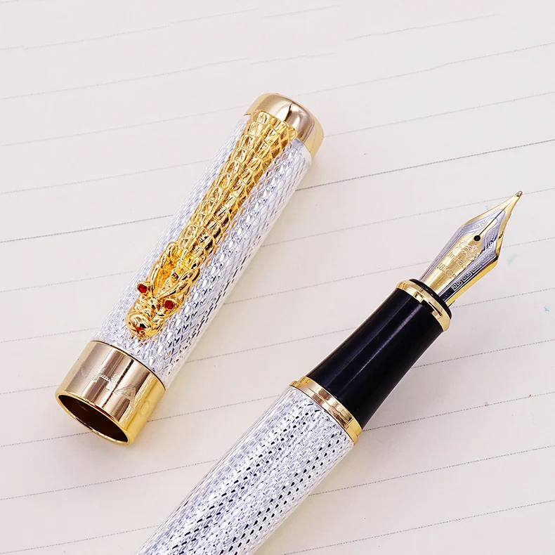 Jinhao 1200 Vintage Luxurious Fountain Pen Beautiful Ripple with Dragon Clip, Noble Silver Metal Carving Ink Pens Collection