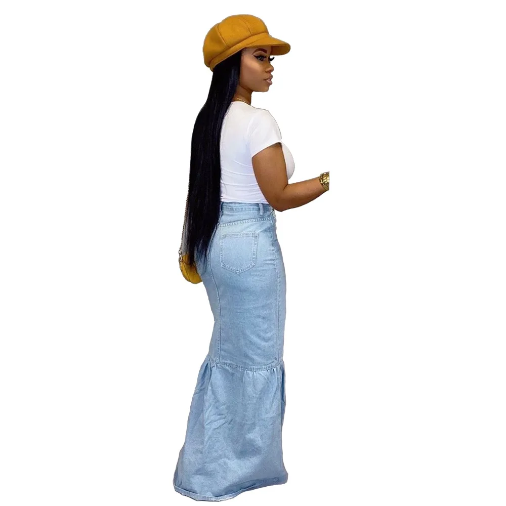 KG3632 Newest Printed Buttons Splicing Blue Latest Design 2022 Fashion Clothing Long Maxi Skirt