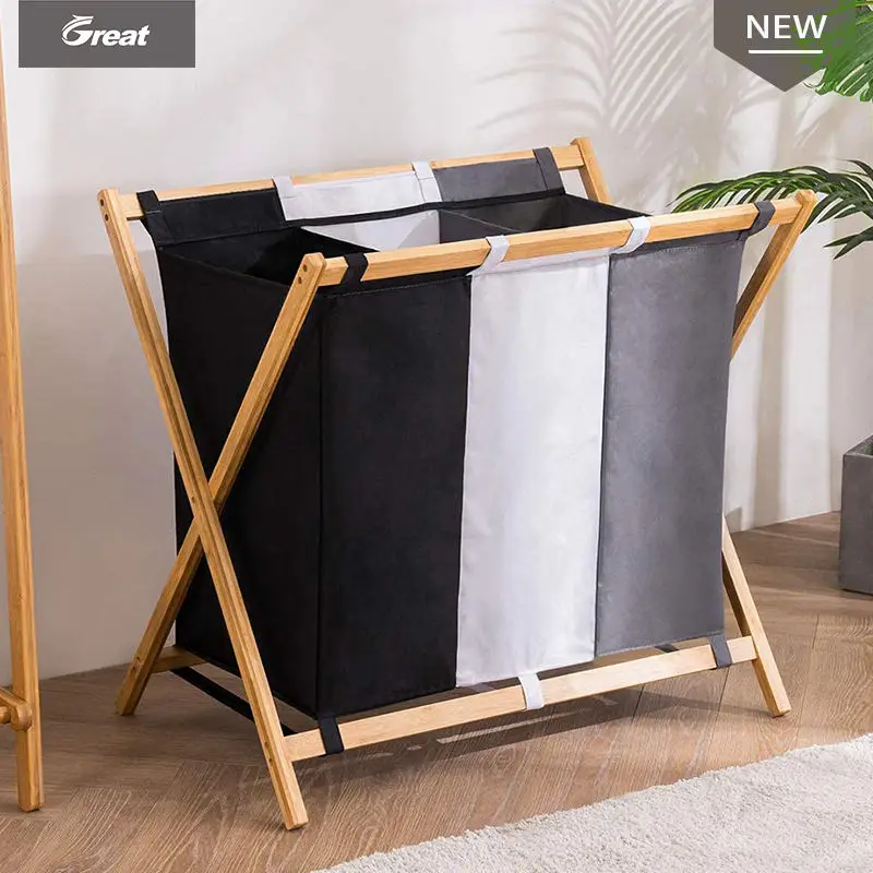laundry organization and storage Foldable Bamboo 3 section laundry basket 3 compartments Hamper For Dirty Clothes Fabric Bags