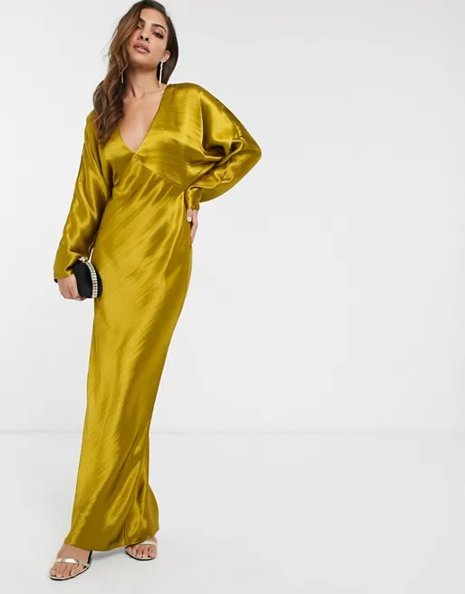 ZY 2020 latest design women custom batwing long sleeve v neck satin maxi dress