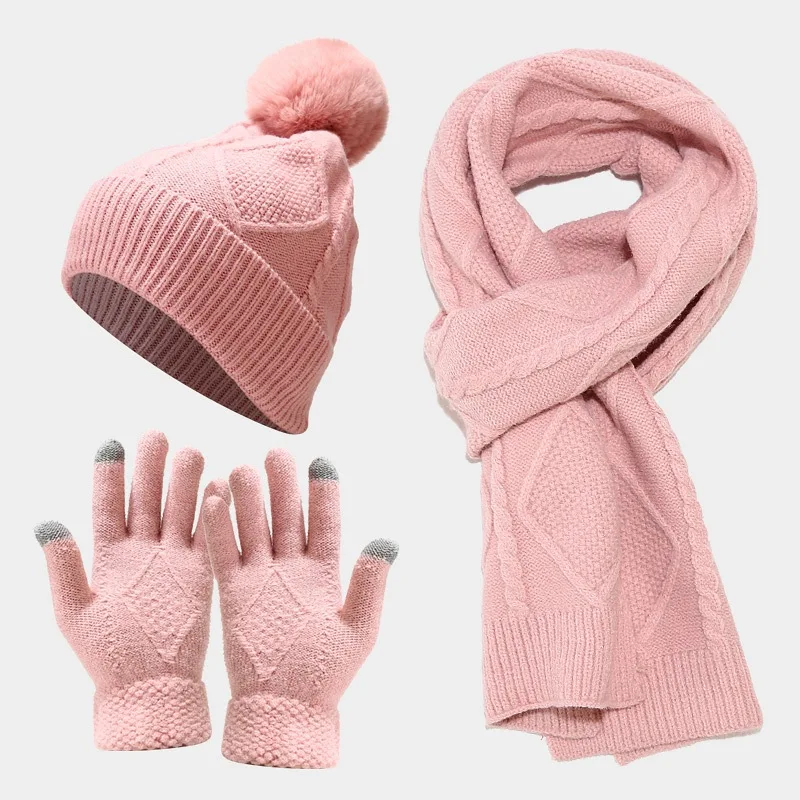 Custom Private Brand Women Men Pom Pom Beanie Long Scarf Touchscreen Gloves Winter Knitted Hat Scarf Gloves 3 in 1 Set