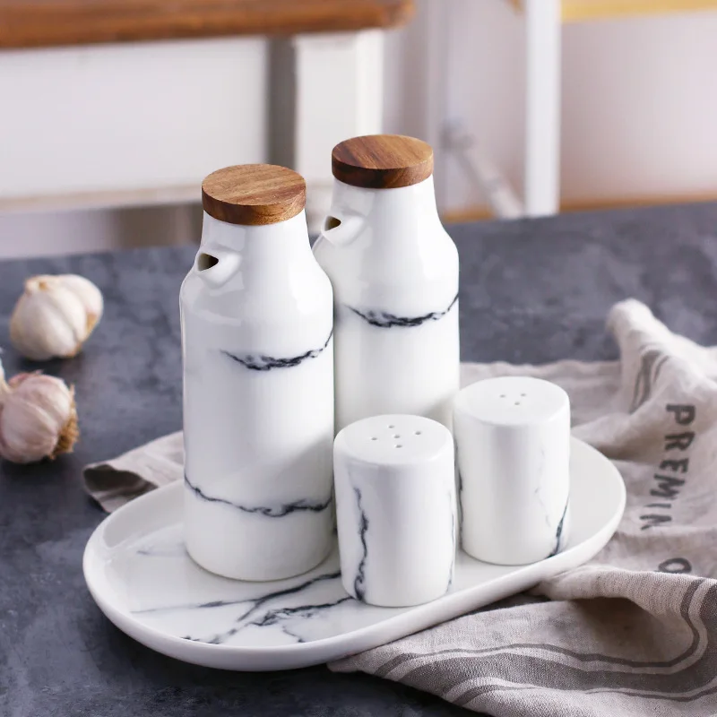 High Quality Food Grade Porcelain White Marble Olive Oil Bottle Kitchen Vinegar Cruet Set With Wood Lid