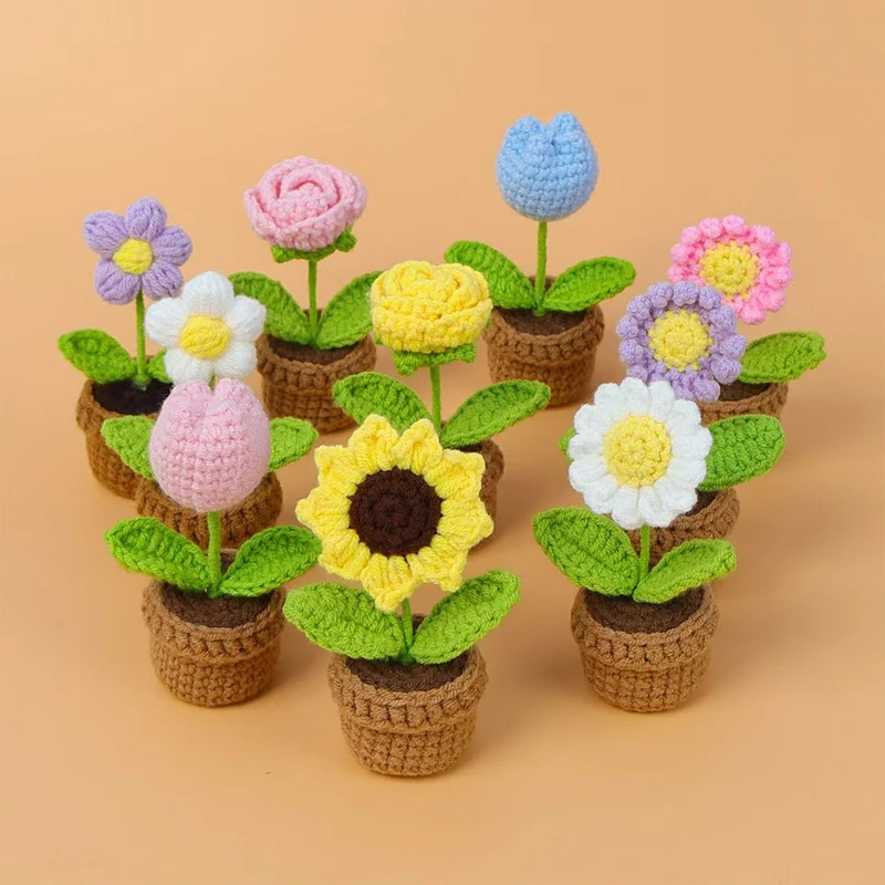 Handmade Knitted Crochet Potted Flower Mini Knit Potted Flowers Crochet Sunflower Crochet Plant Potted Valentines Gifts