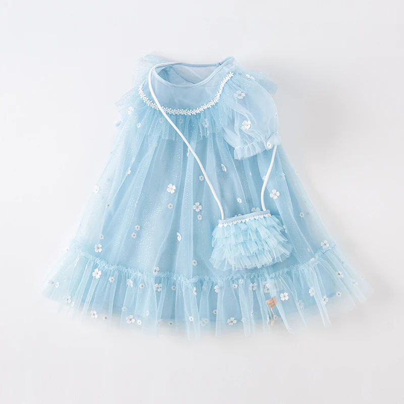 DB2235480 DAVE BELLA Summer Children Girls Fashion Water Droplet Buckle Light Blue Mesh Small Flower Decoration Princess Dress