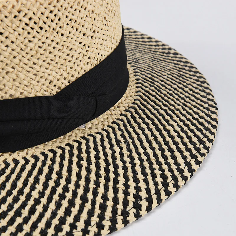 C107337  Panama Hat Men PorkPie Sun Hat Summer Straw Wide Brim Fedora Male Hand Knitting Black Patchwork Casual Beach Tribby Hat