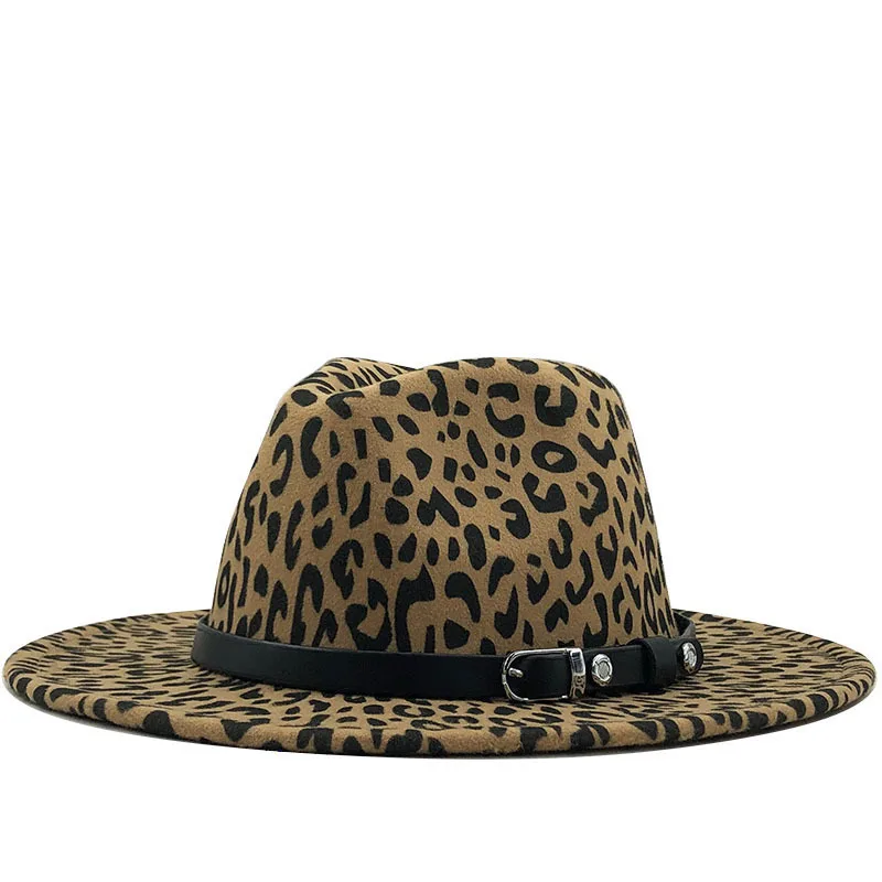 
Fashion Leopard Wool Felt Music Festival Party Cowboy Hats Men Women Fedora Hats with Leather Belt Buckle Wide Brim Panama Hats 