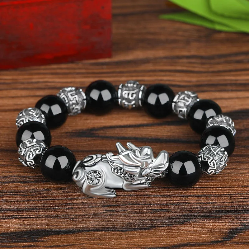 Retro 8mm 12mm Mens Women Amulet Feng Shui Good Luck Bracelet Vintage Silver Alloy Pixiu Wealth Bracelet