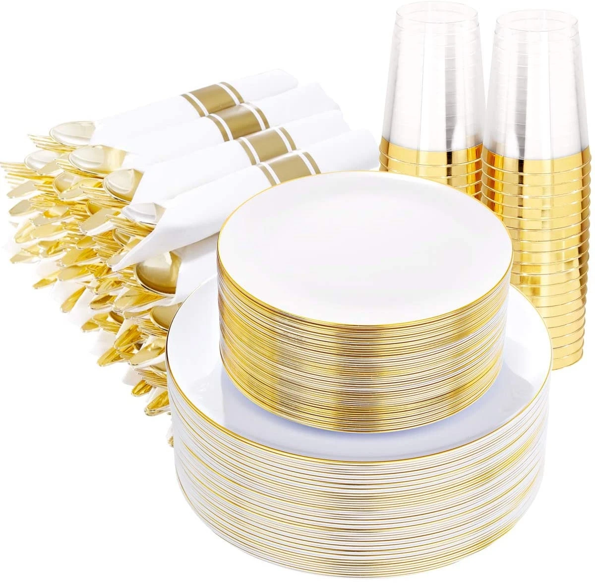 350pcs Gold Plastic Dinnerware Set,Gold Plastic Plates,Gold Plastic Silverware with Pre Rolled Napkin