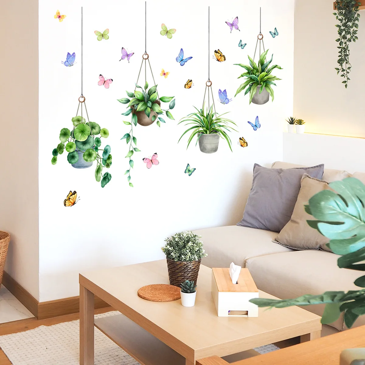 Potting of green plants Wall Sticker butterfly dancing gracefully Decals Living Room Decorative Wallpaper