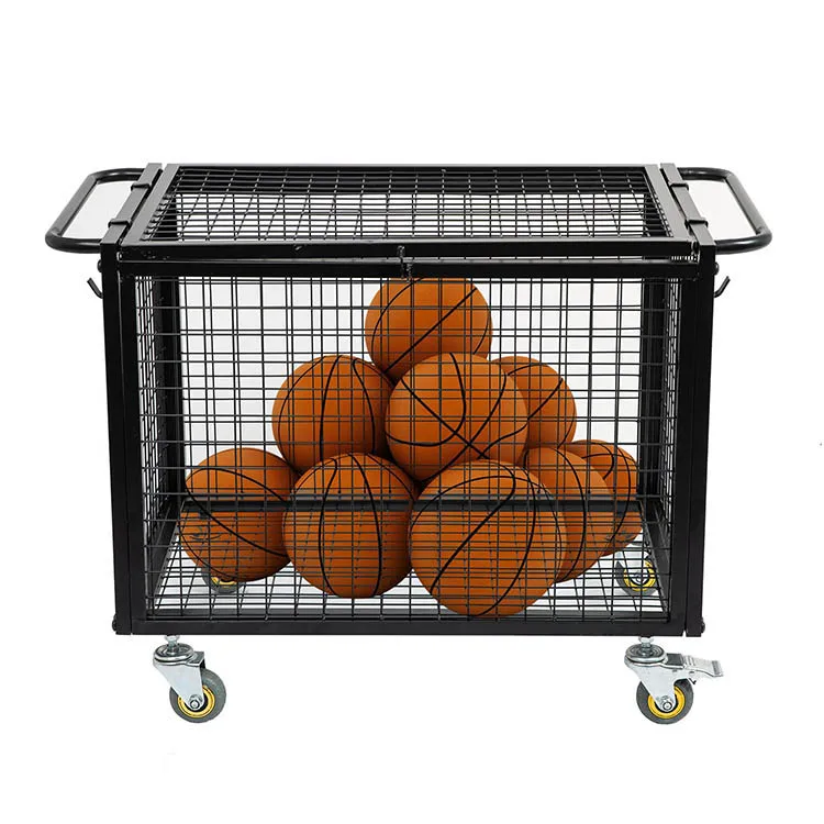 JH-Mech Sports Equipment Storage Wheel Matte Black Athletic Lockable Cage With Raised Handle Metal Basketball Rolling Cart