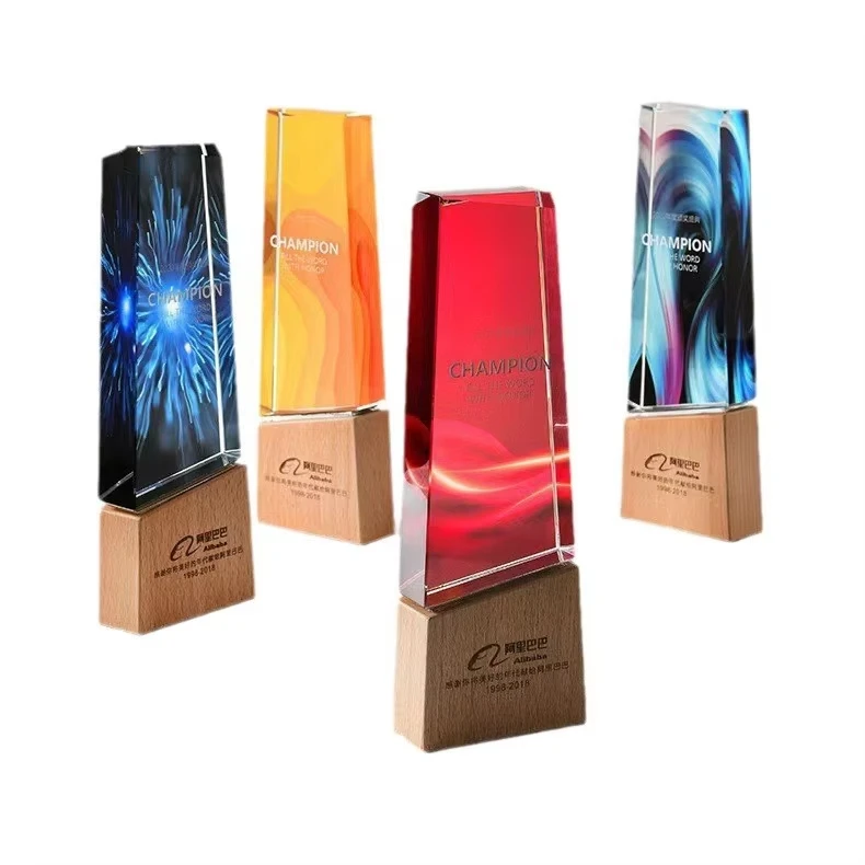 Honor Of Crystal Plaque Crystal Trophy Engraving Award With Wooden Base for Ceremony Meeting Gifts