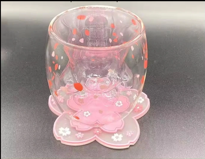 250ML Hot selling creative Double layer creative influence cat paw coffee milk cup cherry blossom glass water cup