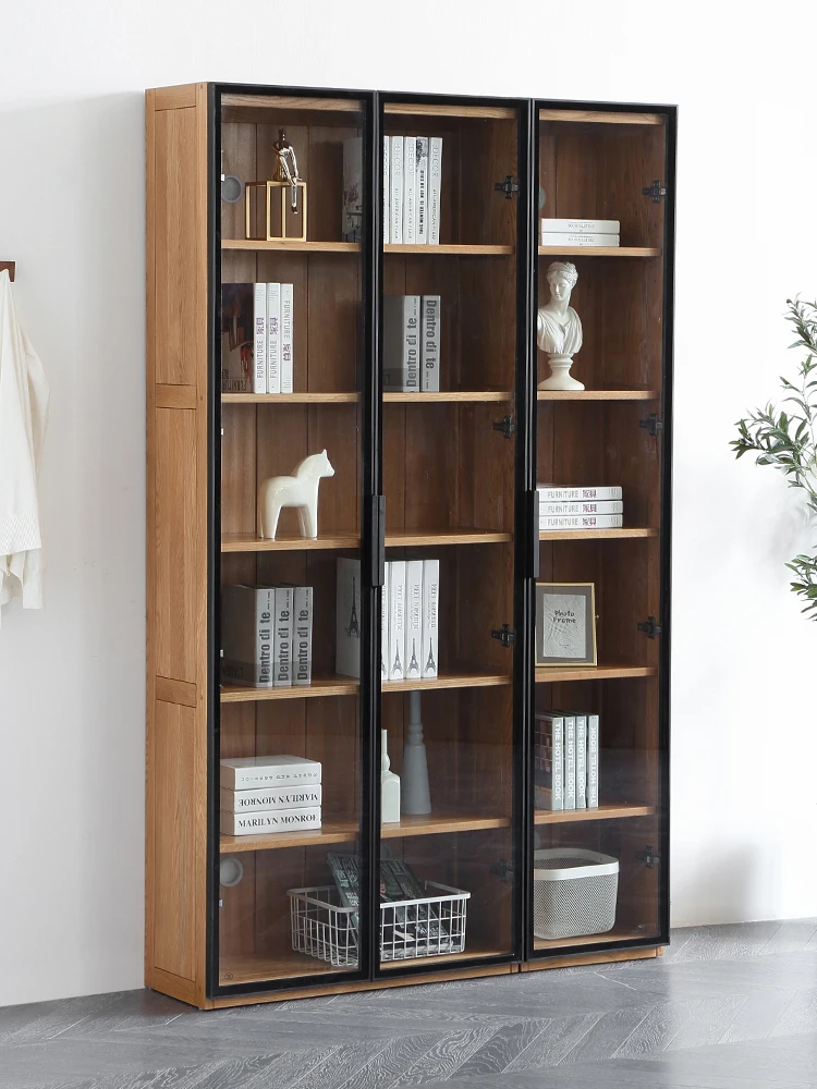 D6172 Nordic style solid OAK wood living room home office bookcase furniture with glass doors bookcase wooden bookshelf